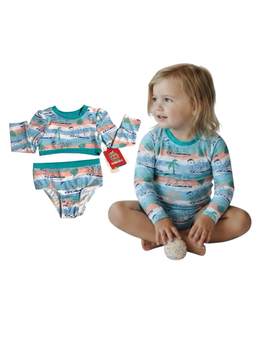 CoComelon Vibrant Teal and Orange Rashguard Swim Suit with Sun Protection